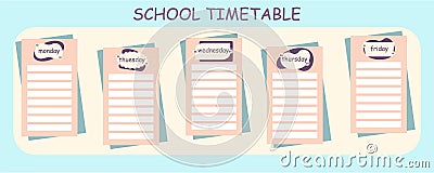 School timetable. Note papers. Kids diary sheets. Education organizer. Blank notepad pages. Lessons planner design Stock Photo