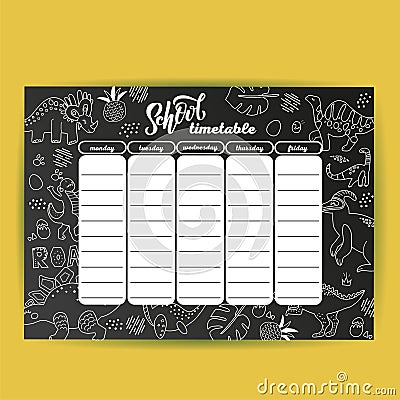 School timetable template on chalk board with hand drawn dino. Weekly lessons shedule in sketchy style decorated with doodles on Cartoon Illustration