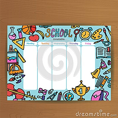 School timetable template. Pupil schedule with school supplies . Lesson plans all week. Education background - alarm clock, Cartoon Illustration