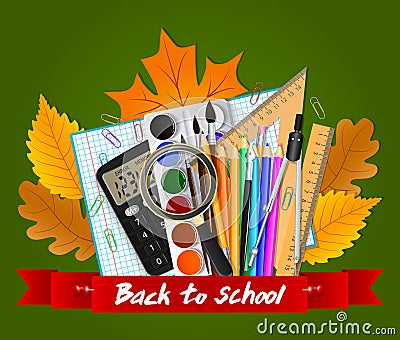 School tools. Autumn leaves and red ribbon with the inscription. Vector image Cartoon Illustration