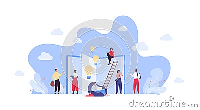 School and university education concept. Vector flat people illustration. Multiethic group of student. Book, light bulb, ladder of Vector Illustration