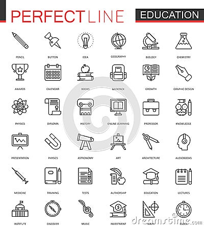 School university education thin line web icons set. Outline stroke icon design. Vector Illustration