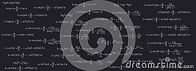 School and university notes on exercises, equations and formulas of logarithms, derivatives, trigonometric, logarithmic, Vector Illustration