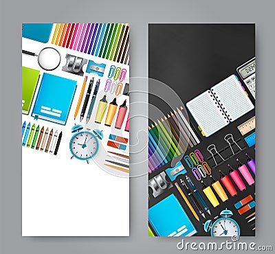 School vectical flyers. Colorful stationery for education and study. Vector Illustration