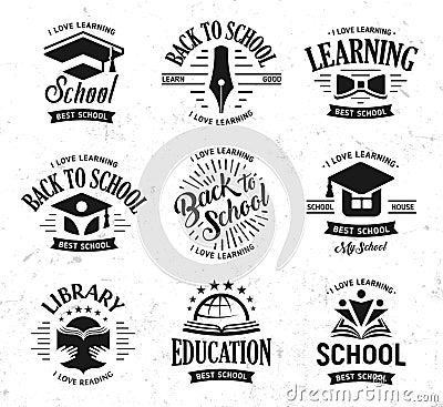 School vector logos set, monochrome vintage design education signs. Back to school, university, college, learning logo Vector Illustration