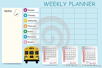 School weekly calendar for the second quarter of 2019 Vector Illustration