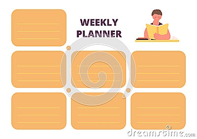 School weekly planner. Page for planning week for kids and adults with empty stickers. Cute cartoon boy reading book Vector Illustration