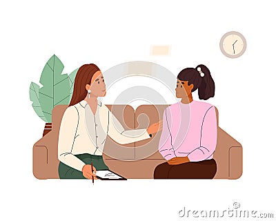 School woman psychologist talking to sad teenager girl in office Vector Illustration