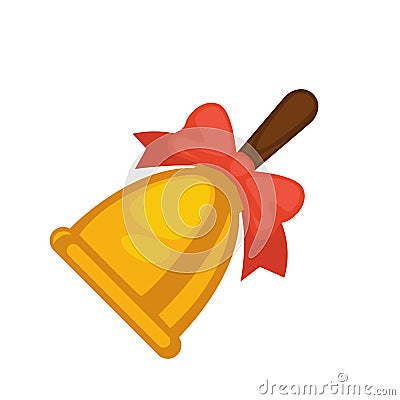 School yellow bell with red bow and brown handle Vector Illustration