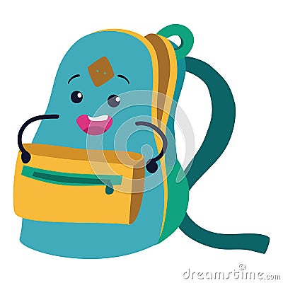 Schoolbag charracter flat icon, open knapsack with smiling face Vector Illustration