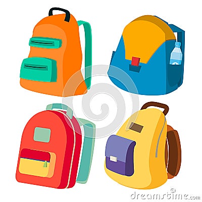 Schoolbag Set Vector. Closed Backpacks Side View. Colored School Modern Backpacks. Isolated Flat Cartoon Illustration Vector Illustration