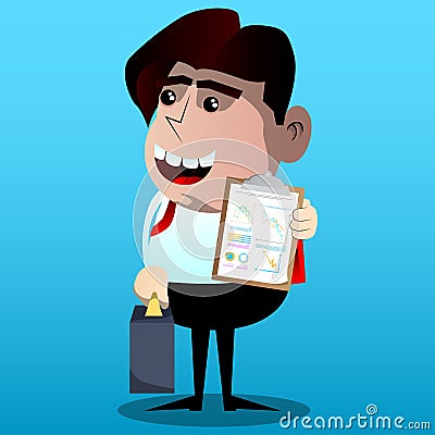 Schoolboy as boss with suitcase or bag shows finance report. Cartoon Illustration