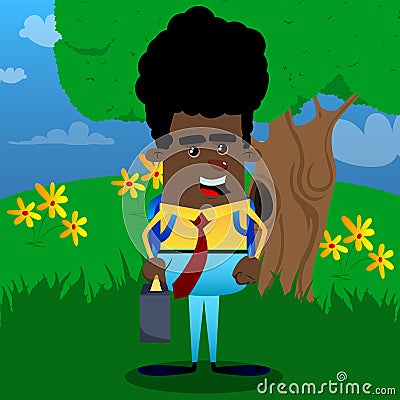 Schoolboy as boss with suitcase or bag and tie. Cartoon Illustration