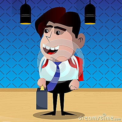 Schoolboy as boss with suitcase or bag and tie. Cartoon Illustration
