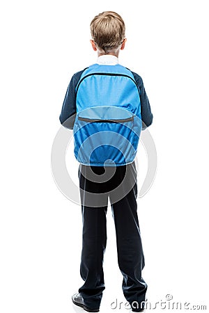 Schoolboy with backpack view from behind on white Stock Photo