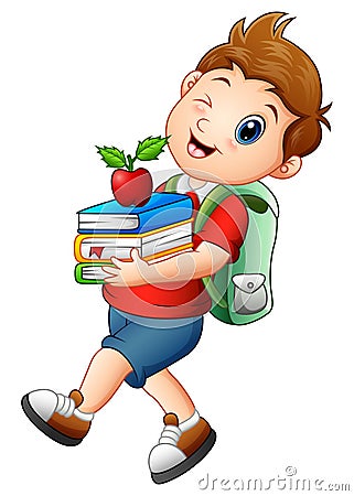 Schoolboy carrying books and apple Vector Illustration