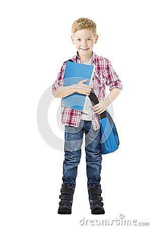 Schoolboy child holding book. Student school boy isolated white Stock Photo