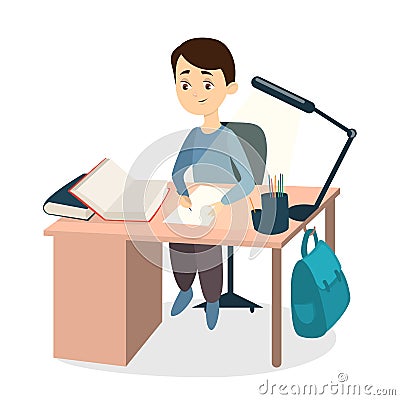 Schoolboy doing homework. Vector Illustration