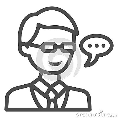 Schoolboy in glasses, student, speech balloon line icon, education concept, pupil vector sign on white background Vector Illustration