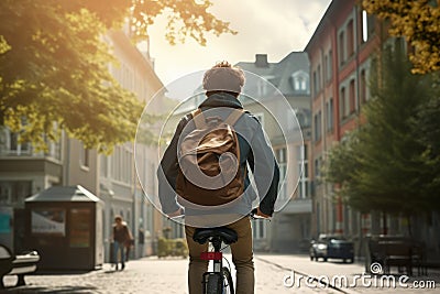 A schoolboy guy with a backpack rides a bike through the city streets. Rear view. A teenage student goes to school Stock Photo