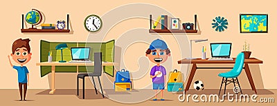 Schoolboy learns lessons at home. Cartoon vector illustration Vector Illustration