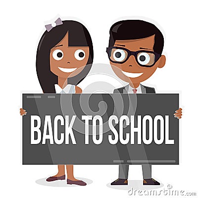 Schoolboy and schoolgirl with a sign board. Back to school. Funny characters. Stock Photo