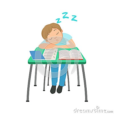 Schoolboy Sitting Behind The Desk In School Class Sleeping On Notebooks Illustration, Part Of Scholars Studying Vector Vector Illustration