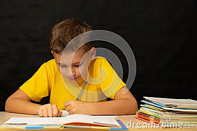 Schoolboy solves homework sitting at the table Stock Photo