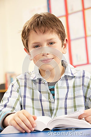 Schoolboy Studying Textbook In Classroom Stock Photo