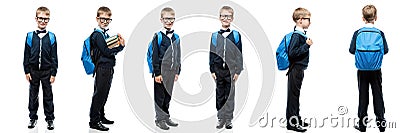 Schoolboy in uniform with backpack on white background in different poses portrait in a row Stock Photo