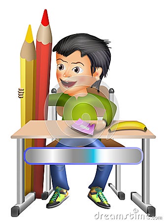 Schoolboy w pencils and banana Cartoon Illustration