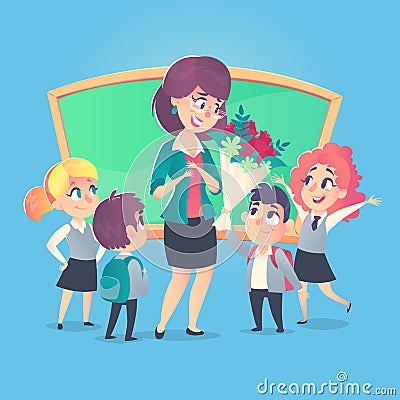 Schoolchildren give flowers to the happy teacher in classroom. Teacher`s Day. Back to school. Vector Illustration