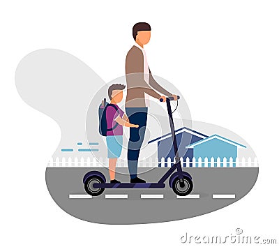 Schoolchildren riding scooter together flat vector illustration. Schoolboy with younger brother cartoon characters on white Vector Illustration