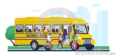 Schoolchildren and students board school city bus. Public transport. Driver and passengers. Journey to college. Pupils Vector Illustration