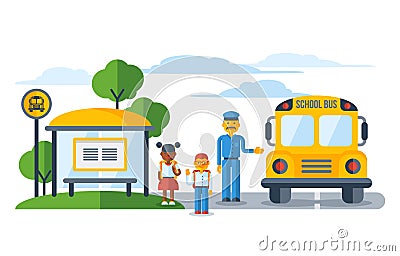 Schoolers getting on yellow schoolbus at bus stop Vector Illustration