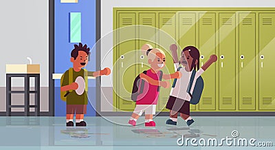 Schoolgirl being bullied bully girl pushing nerd classmate aggressive behavior peer violence and bullying concept modern Vector Illustration