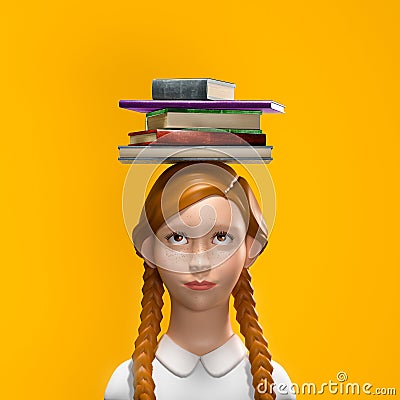Schoolgirl character with books on her head Cartoon Illustration
