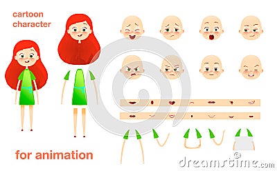 Schoolgirl. Character design for animation. Parts of body template elements. Kids face with emotions. Girl cartoon Vector Illustration