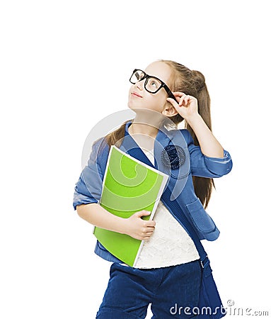 Schoolgirl child in glasses with books looking up. Stock Photo