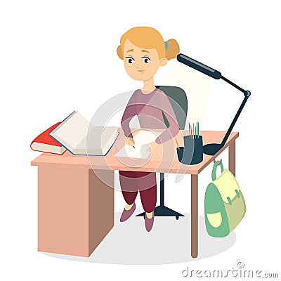 Schoolgirl doing homework. Vector Illustration