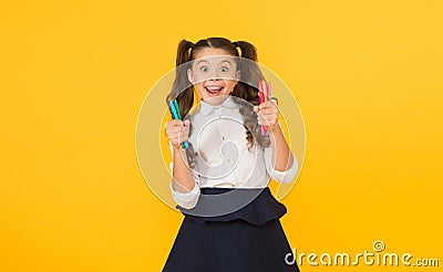 Schoolgirl hold school stationery supplies for crafts. Creative crafts. Develop creativity. Favourite part of going back Stock Photo