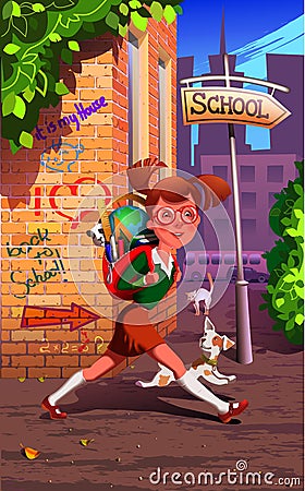 The schoolgirl hurries in school Vector Illustration