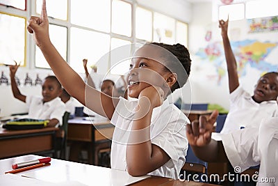 Schoolgirl raising hand during a lesson at elementary school Stock Photo