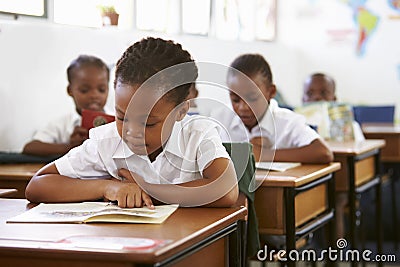 Schoolgirl reading at her desk in elementary school lesson Stock Photo