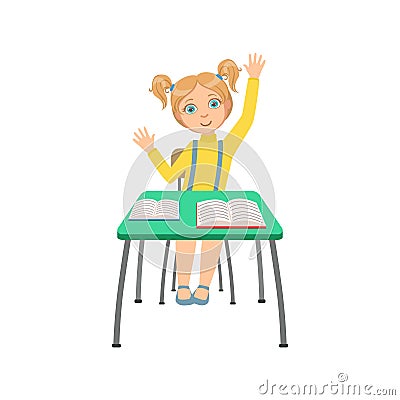 Schoolgirl Sitting Behind The Desk In School Class Raising Hand Wanting To Answer Illustration, Part Of Scholars Vector Illustration