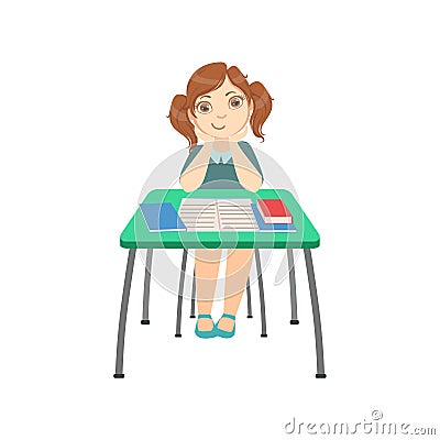 Schoolgirl Sitting Behind The Desk In School Class Resting Her Head On Her Hands Illustration, Part Of Scholars Studying Vector Illustration
