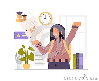 schoolgirl student holding A plus perfect grade paper test examination education concept Vector Illustration