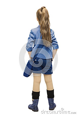 Schoolgirl in uniform back side view. School girl backside, look Stock Photo