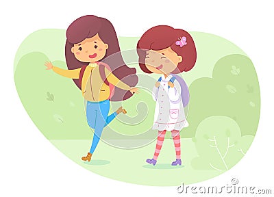 Schoolgirls with backpacks go to school together Vector Illustration