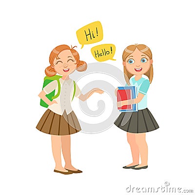 Schoolgirls Chatting In School Break Wearing School Uniforms, Part Of Scholars Studying Vector Collection. Vector Illustration